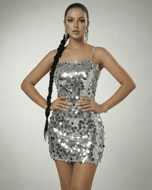 Stella Mini Dress by Slimona, silver sequin off-the-shoulder mini dress showcasing a high-waist silhouette.