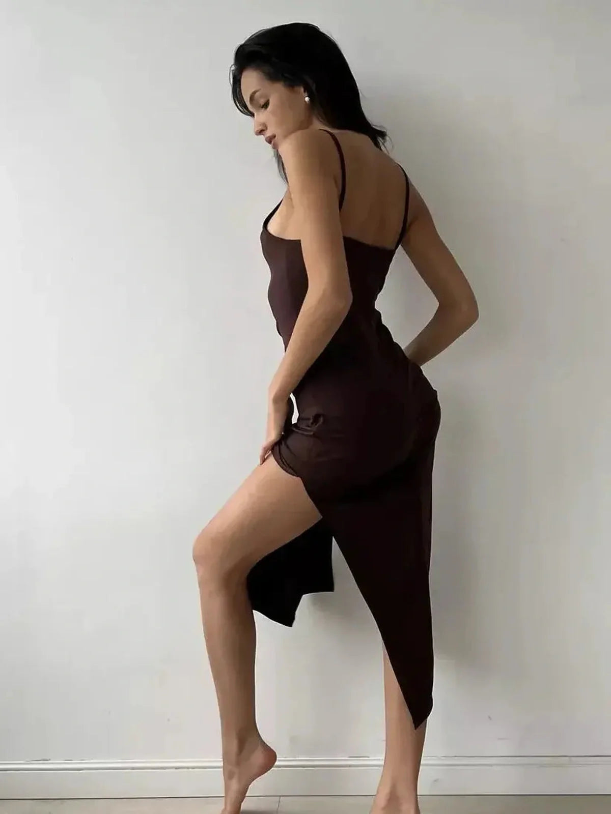 Noir Muse Midi Dress in deep chocolate satin, featuring a seductive side slit and elegant slip silhouette for women.