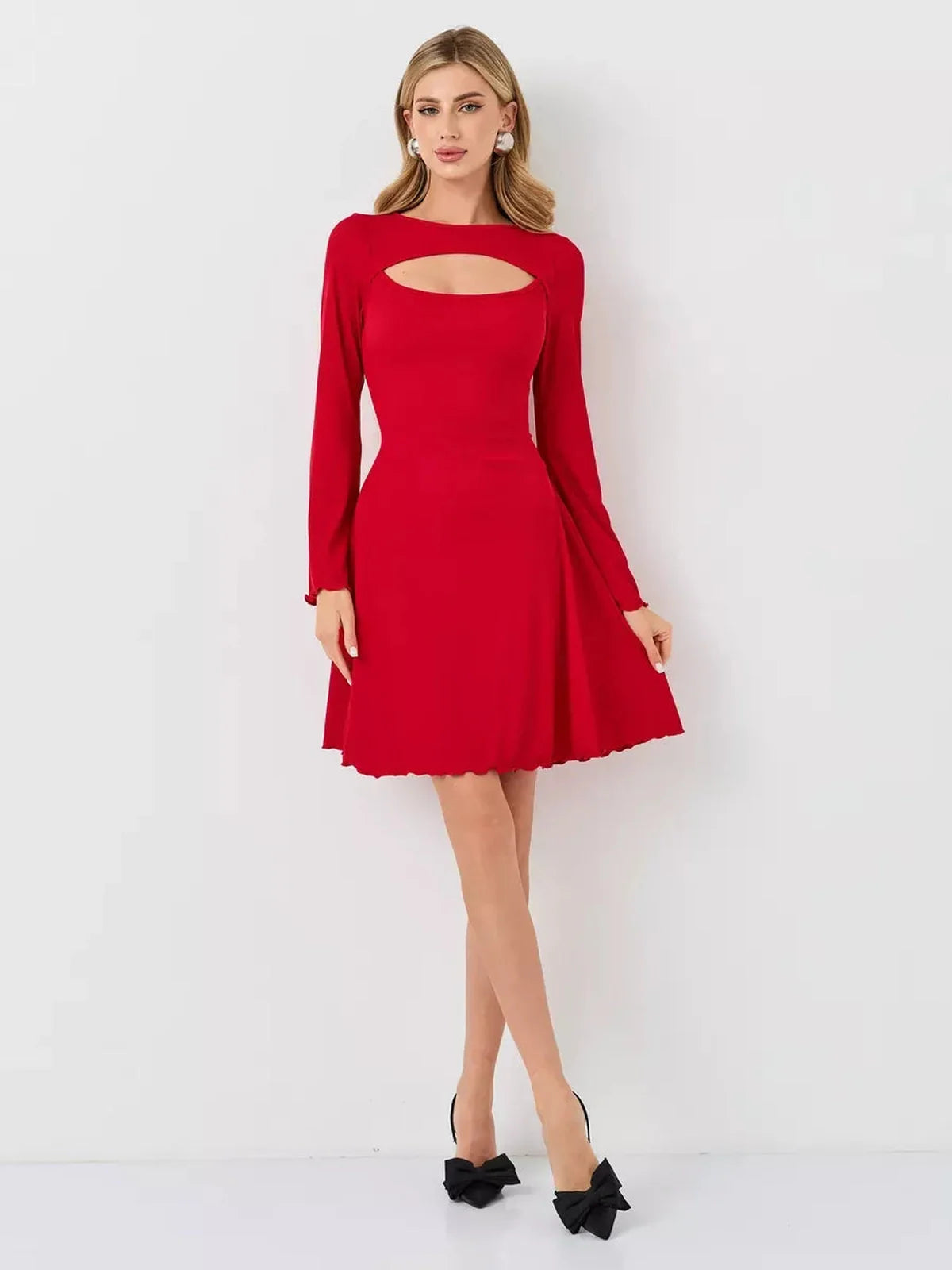 Flare Cutout Mini red dress with a defined A-line silhouette, perfect for weddings, parties, and special occasions.