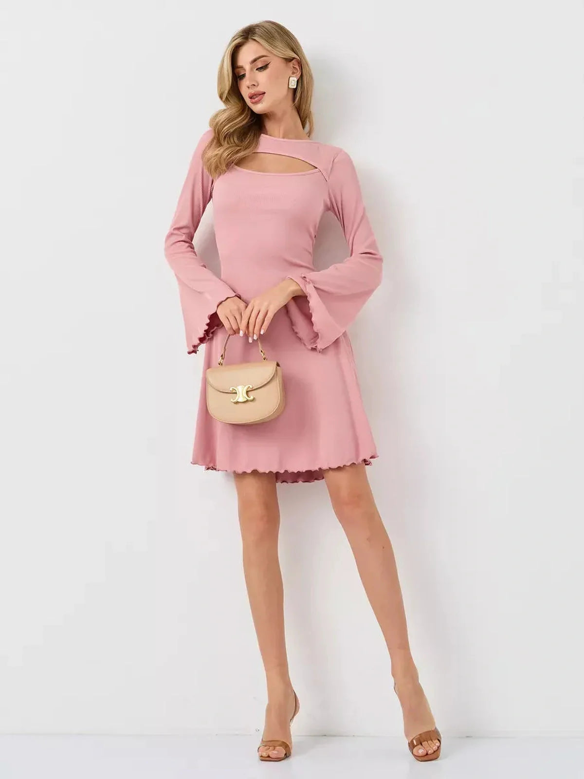 Pink summer dress with flared long sleeves and U-neckline, perfect for weddings, graduations, or casual outings.