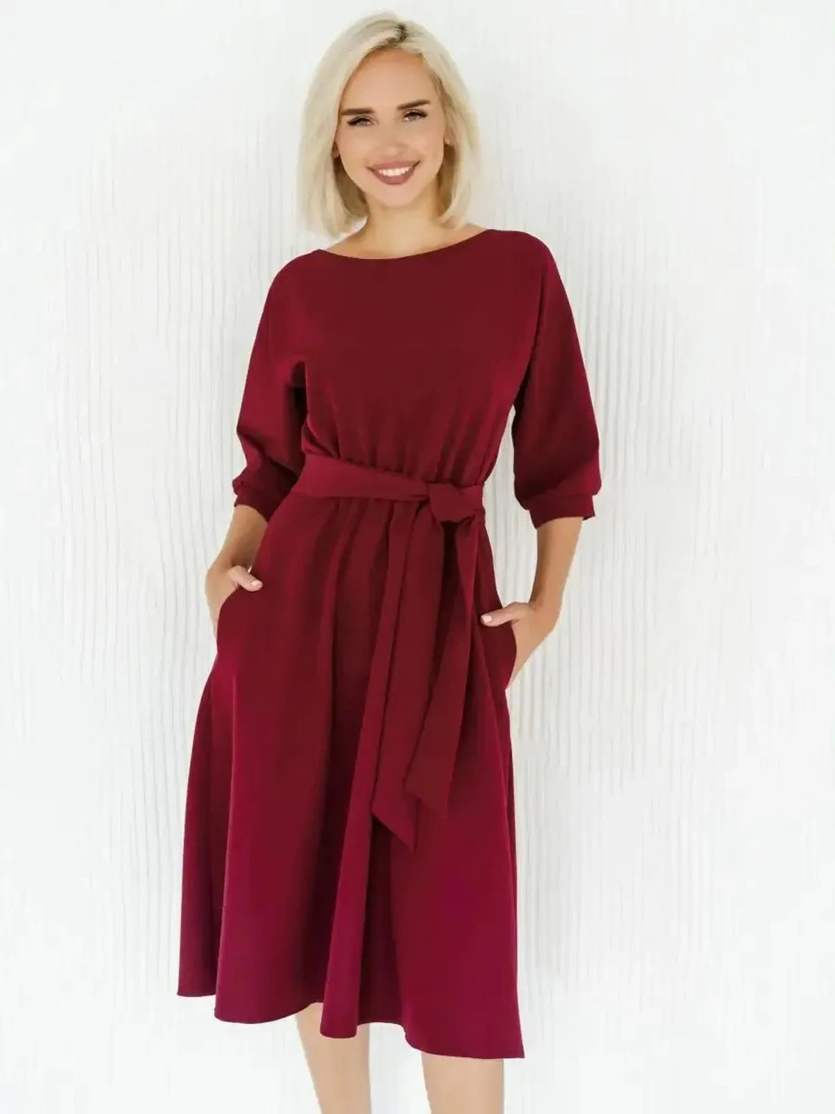 Elegant Crimson Grace Midi Dress with a self-tie belt and A-line silhouette, perfect for weddings and formal occasions.