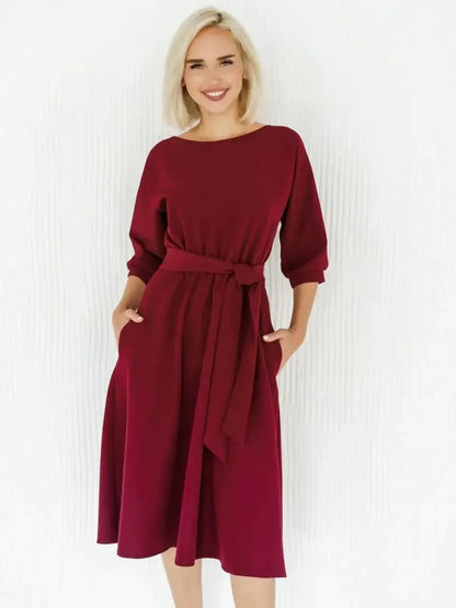 Elegant Crimson Grace Midi Dress with a self-tie belt and A-line silhouette, perfect for weddings and formal occasions.