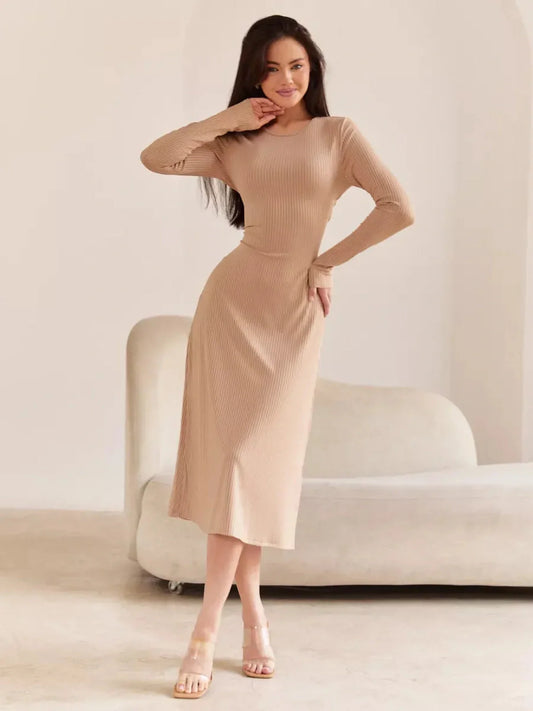 Laced Elegance Midi Dress in beige, showcasing a sculpted fit and long sleeves, perfect for formal occasions or summer events.