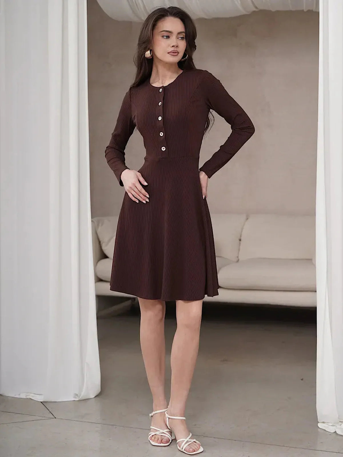 Mocha Grace elegant mini dress with button details, perfect for wedding guest, homecoming, or casual summer occasions.