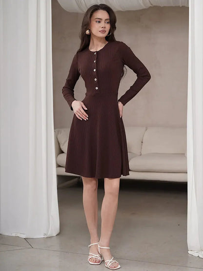 Mocha Grace elegant mini dress with button details, perfect for wedding guest, homecoming, or casual summer occasions.