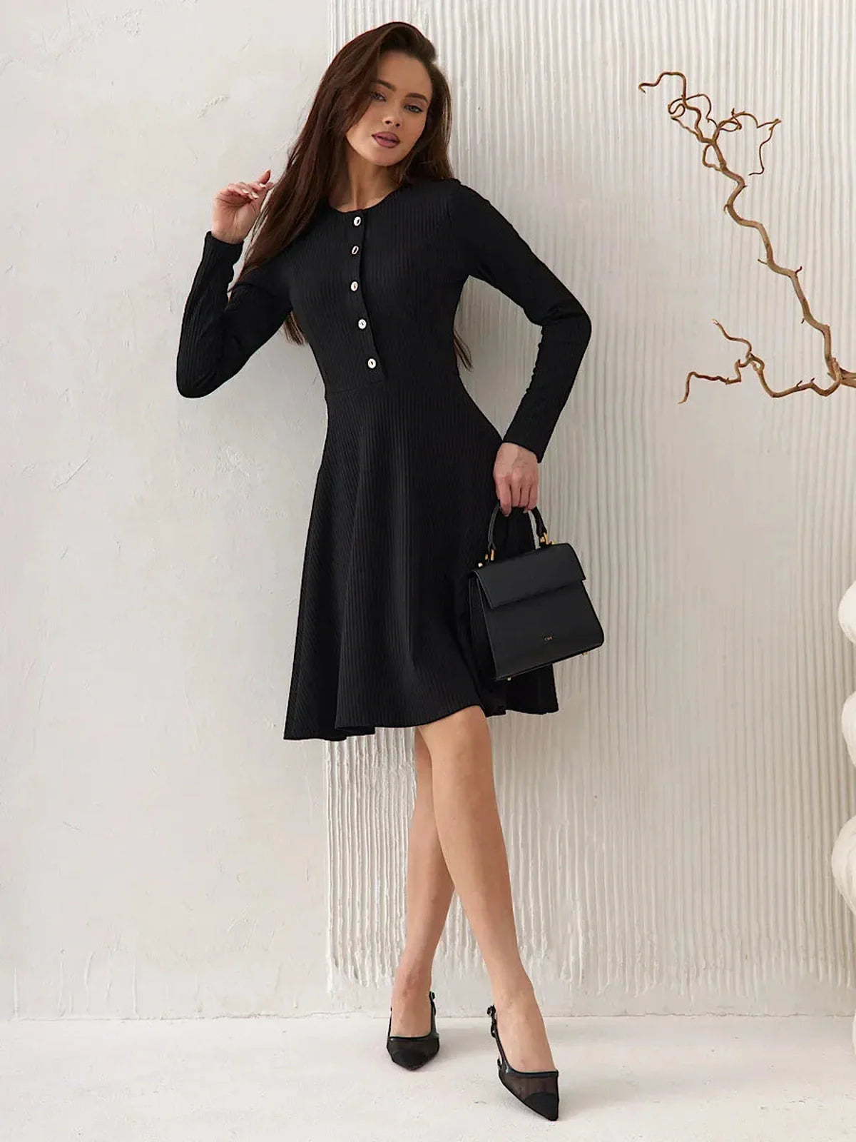 Mod Noir long sleeve black dress with button details, perfect for weddings, proms, and formal occasions.