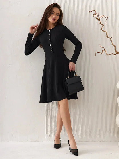 Mod Noir long sleeve black dress with button details, perfect for weddings, proms, and formal occasions.