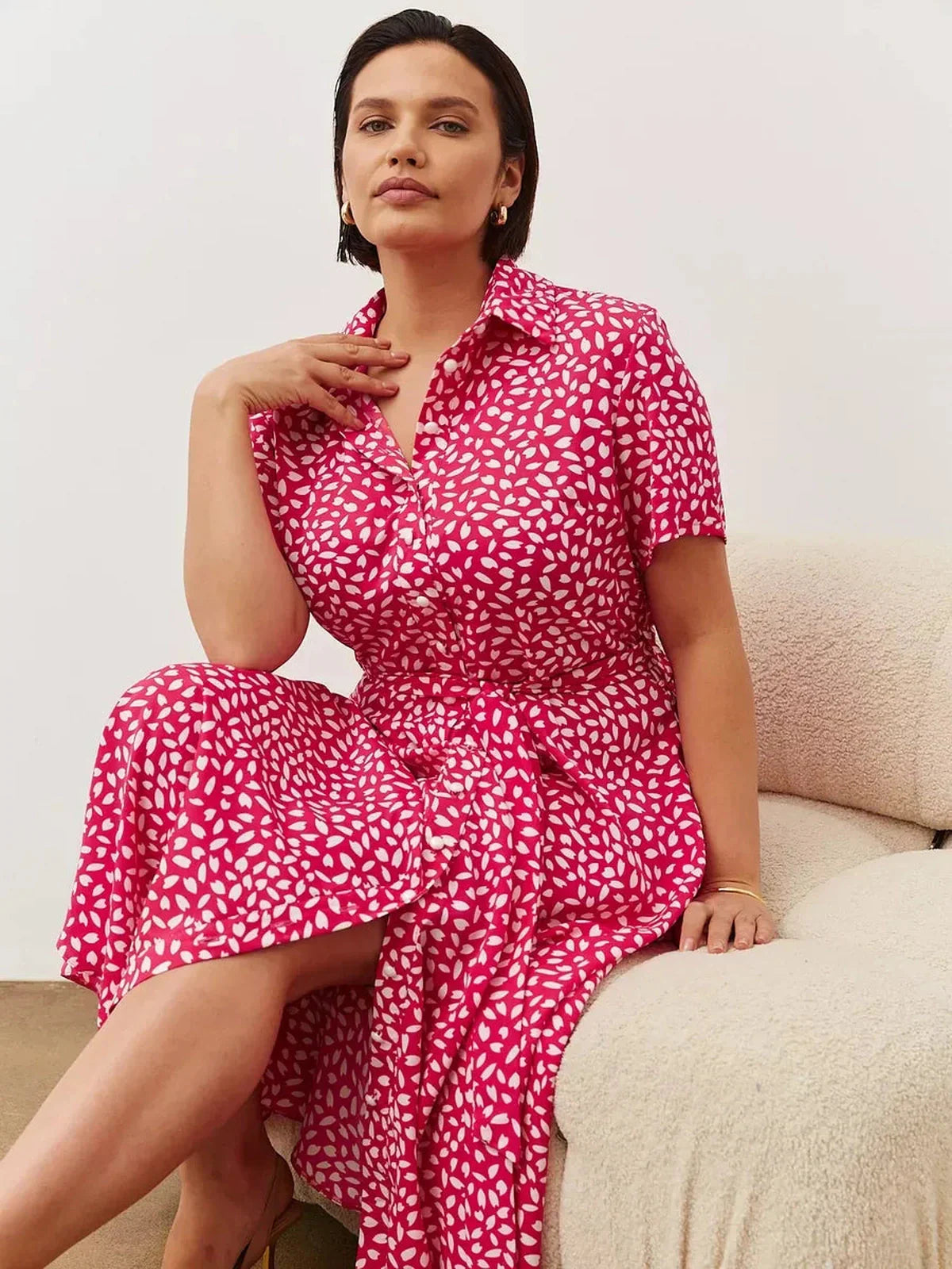 Petal Pop Midi Dress in vibrant fuchsia with abstract white petals, perfect for summer, casual outings, or weddings.