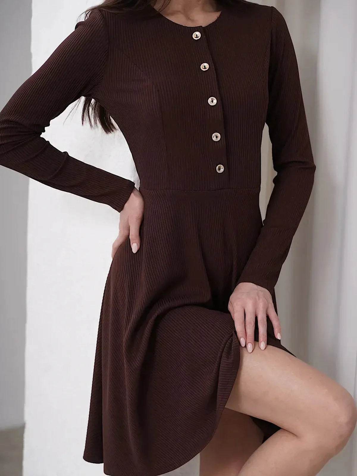 Mocha-toned mini dress with button detail, featuring long sleeves and a flared silhouette, perfect for versatile occasions.