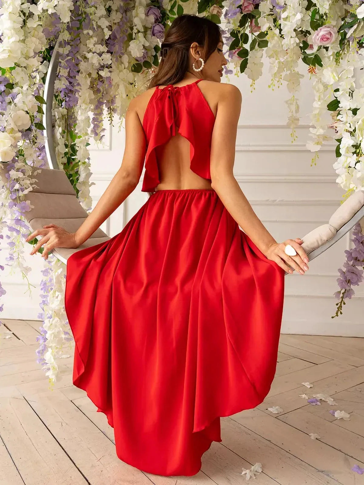 Radiance Midi Dress in vibrant red, featuring a halter neck and ruffled back, ideal for summer weddings and formal events.