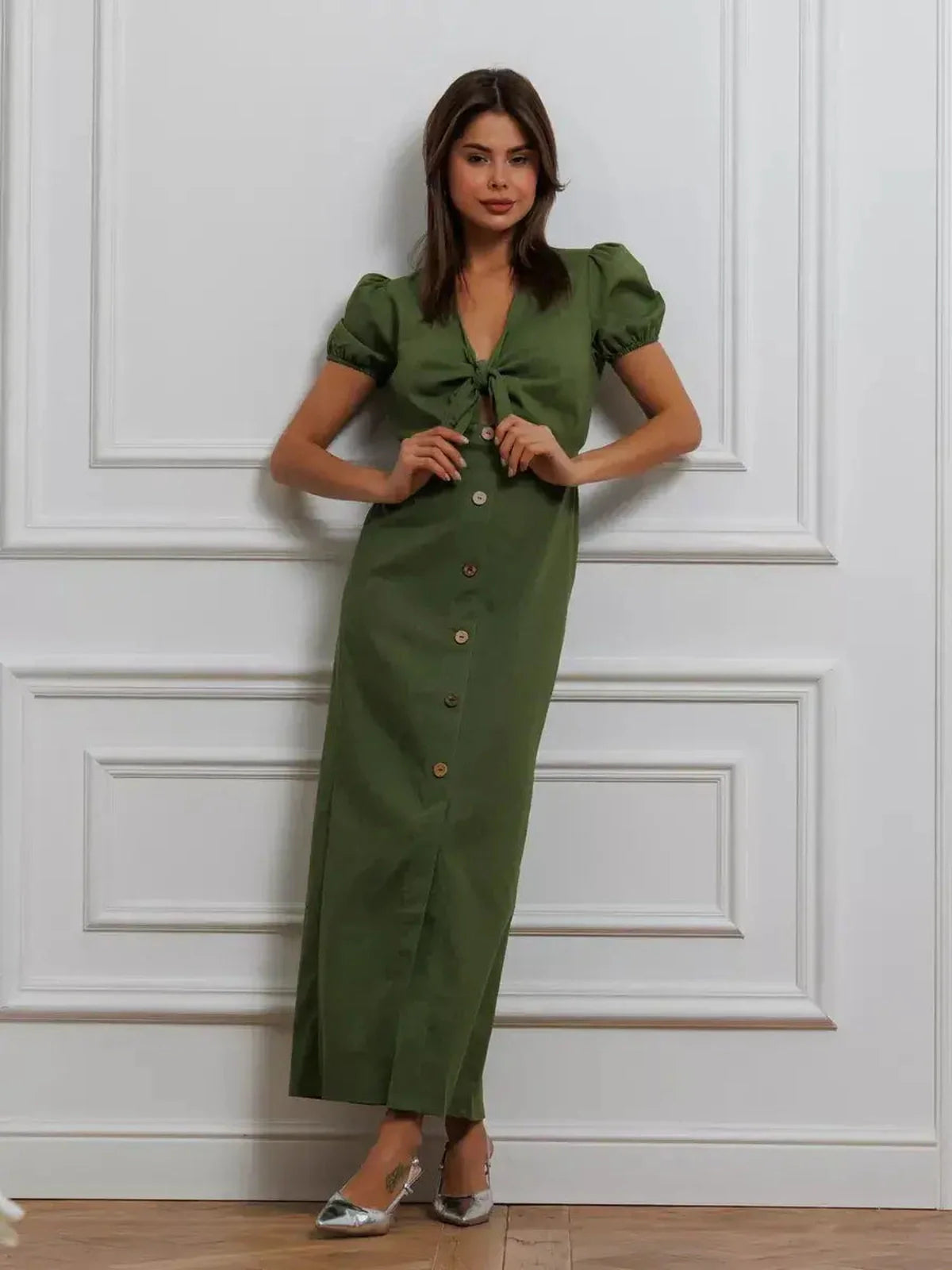 Olive Whisper Maxi Dress with puff sleeves and tie front, perfect for weddings, proms, and summer events.