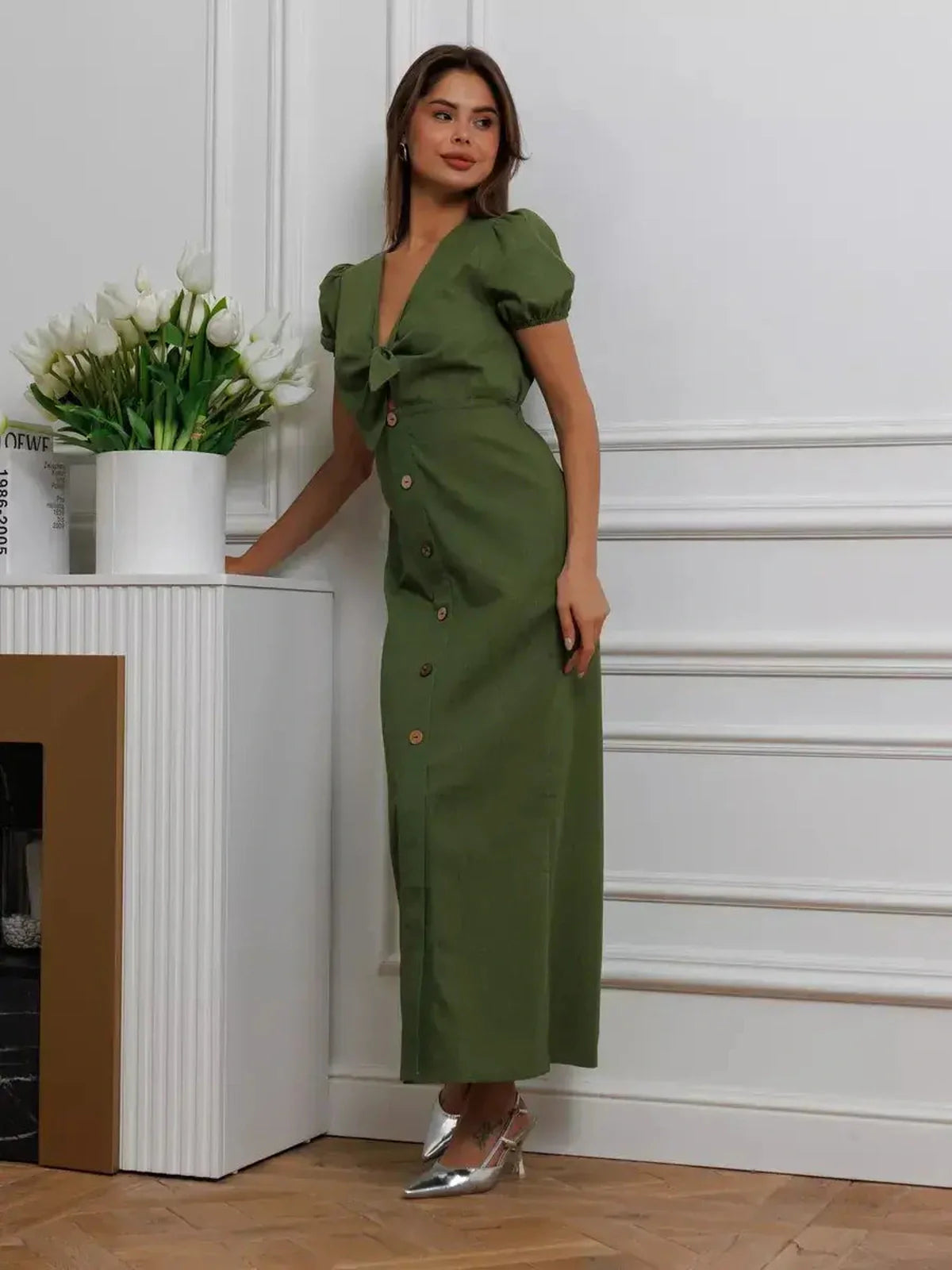 Olive Whisper Maxi Dress with puff sleeves and tie front, perfect for weddings and formal occasions.