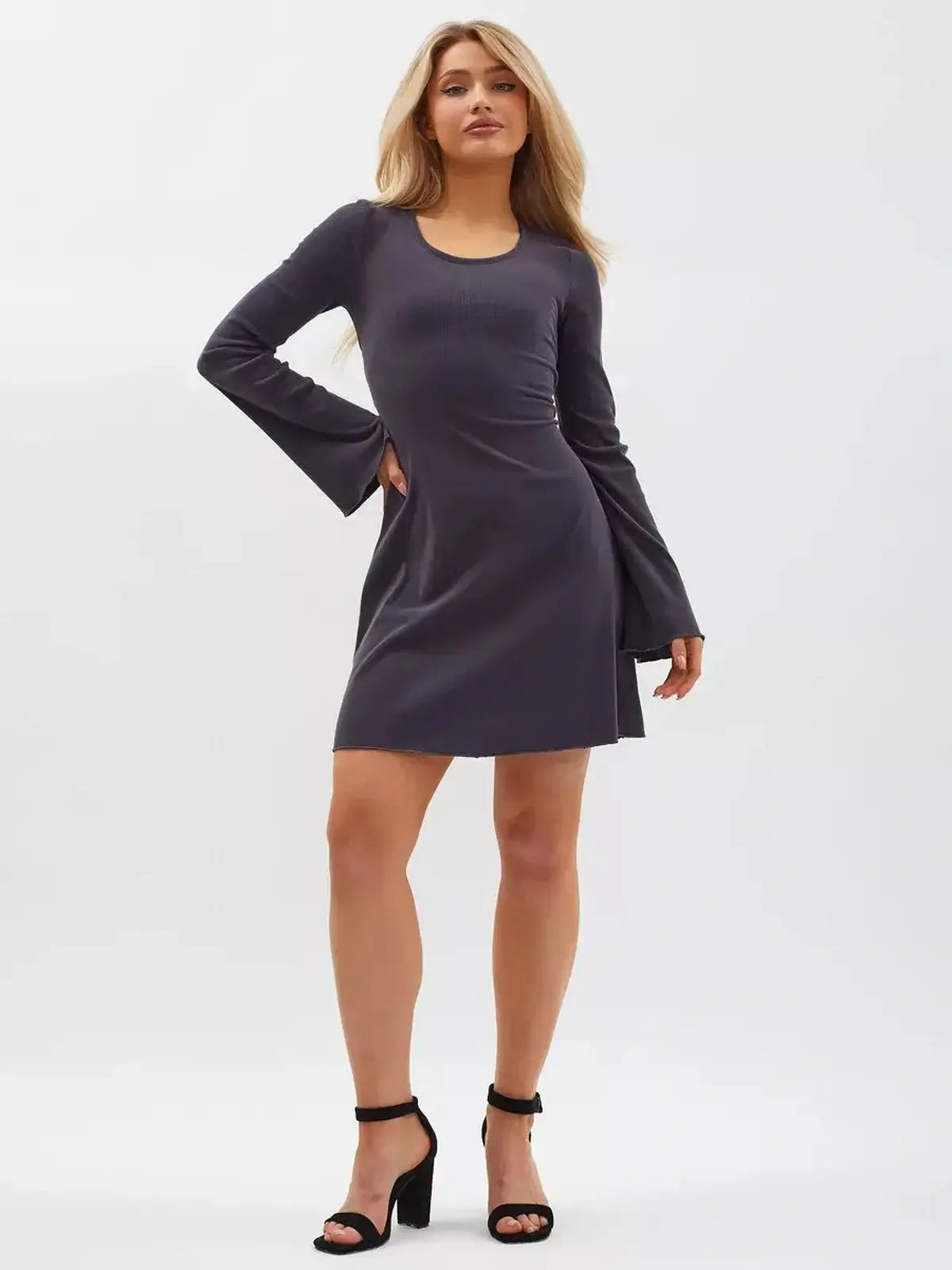 Graphite Charm Mini Dress showcasing flared sleeves and a flattering silhouette, perfect for summer or casual occasions.