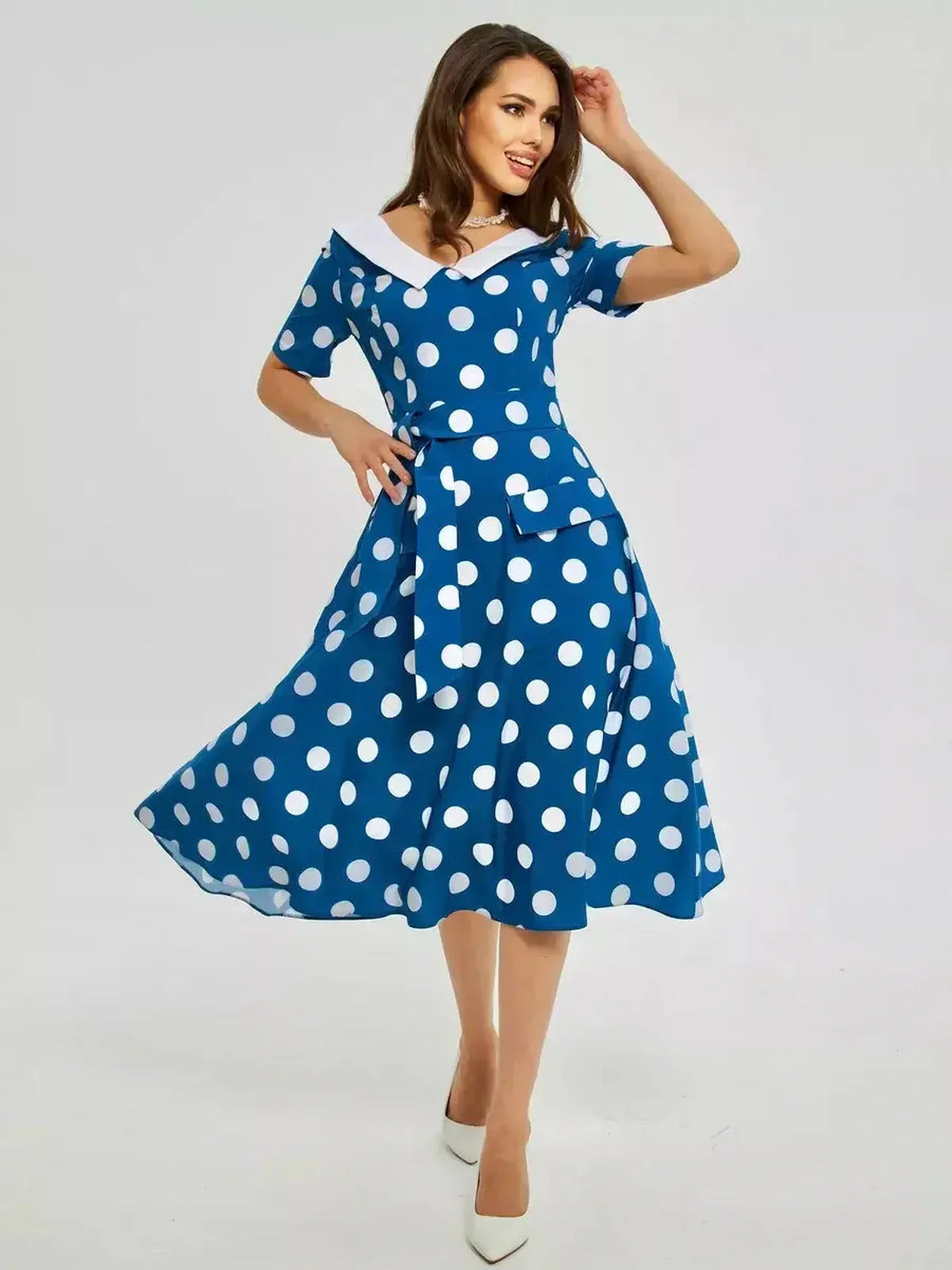 Pearl Dot Midi Dress in dark teal with white polka dots, wide collar, and tie waist, perfect for summer weddings and casual outings.