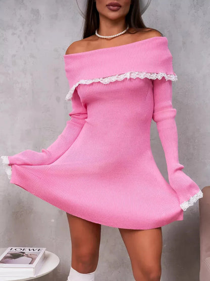 Off-shoulder pink lace-trimmed mini dress, perfect for parties and summer events. Feminine and stylish design.