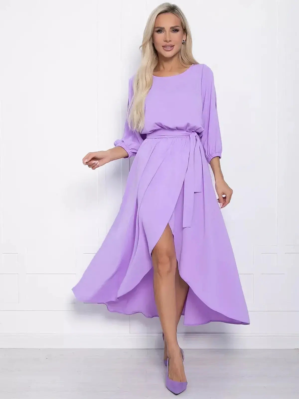 Lilac Glow Midi Dress with shoulder cutouts and high-low hem, perfect for summer events and weddings.