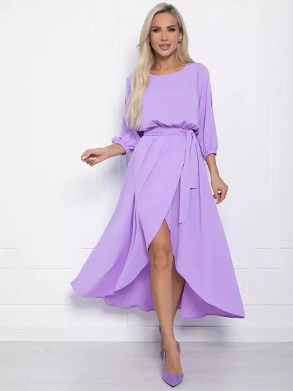 Lilac Glow Midi Dress with shoulder cutouts and high-low hem, perfect for summer events and weddings.