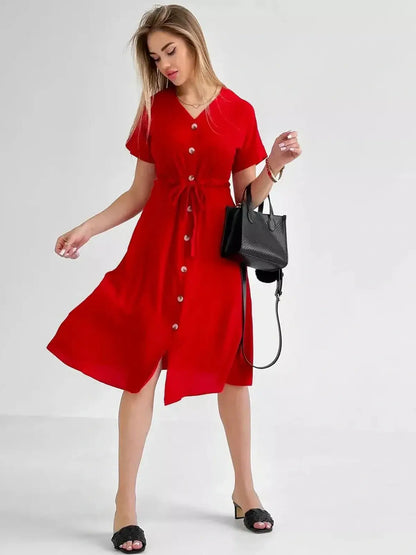 Crimson Charm Midi Dress in radiant red, featuring a button-front style and elegant waist tie, perfect for stylish occasions.