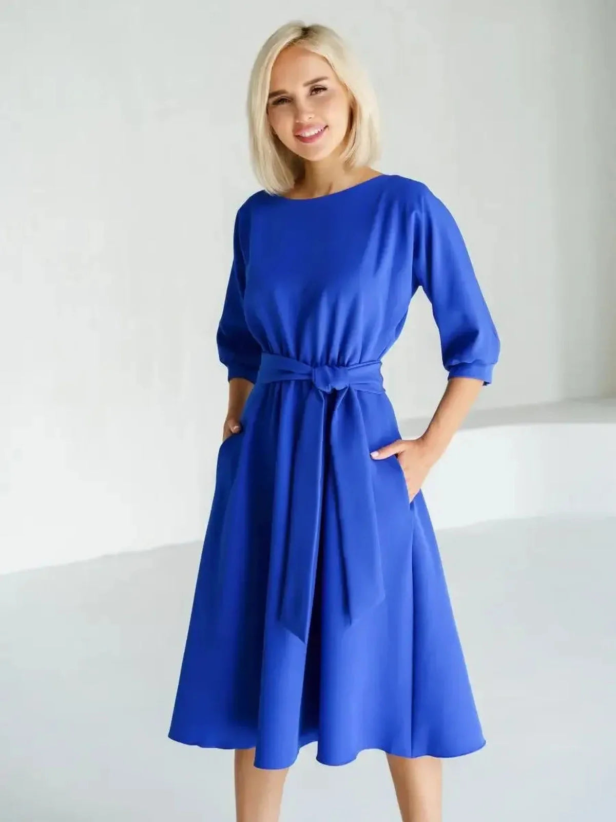 Sapphire Belted Midi Dress with structured boat neckline, ideal for weddings, parties, and summer events.
