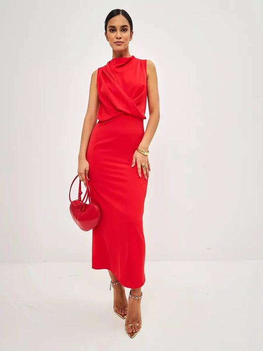 Model wearing a stunning red drape maxi dress, perfect for formal events and summer occasions, showcasing elegant style.