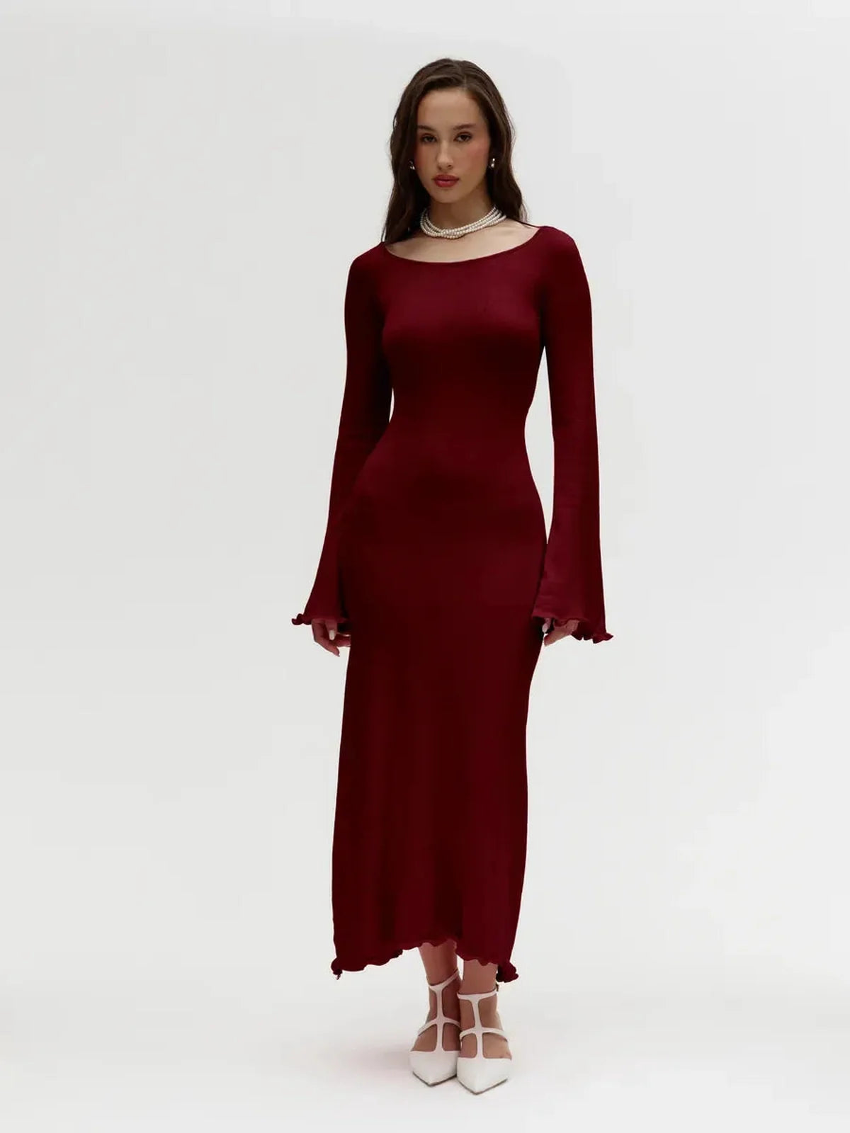 Ruffle-back midi dress in burgundy with long sleeves, perfect for weddings or formal occasions.