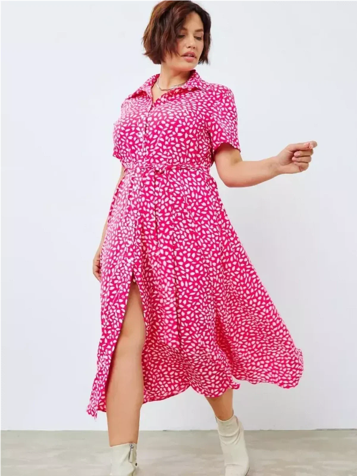 Elegant Petal Pop Midi Dress in vibrant fuchsia with white petal print, perfect for summer weddings and casual outings.