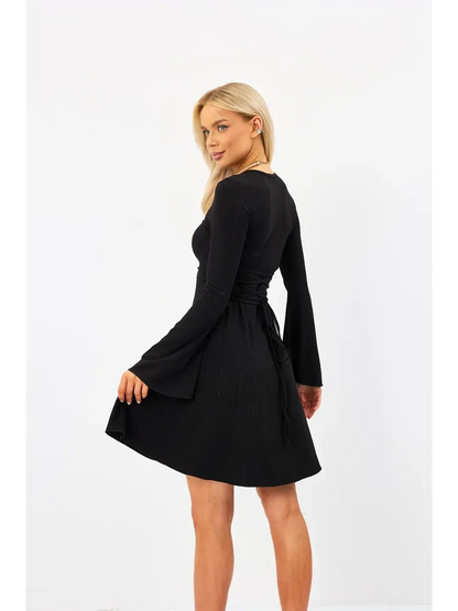 Elegant black flare mini dress with fluted sleeves and adjustable lace-up back, perfect for chic summer occasions.