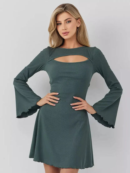 Dark olive mini dress with bell sleeves and cut-out neckline, ideal for weddings, proms, and summer occasions.