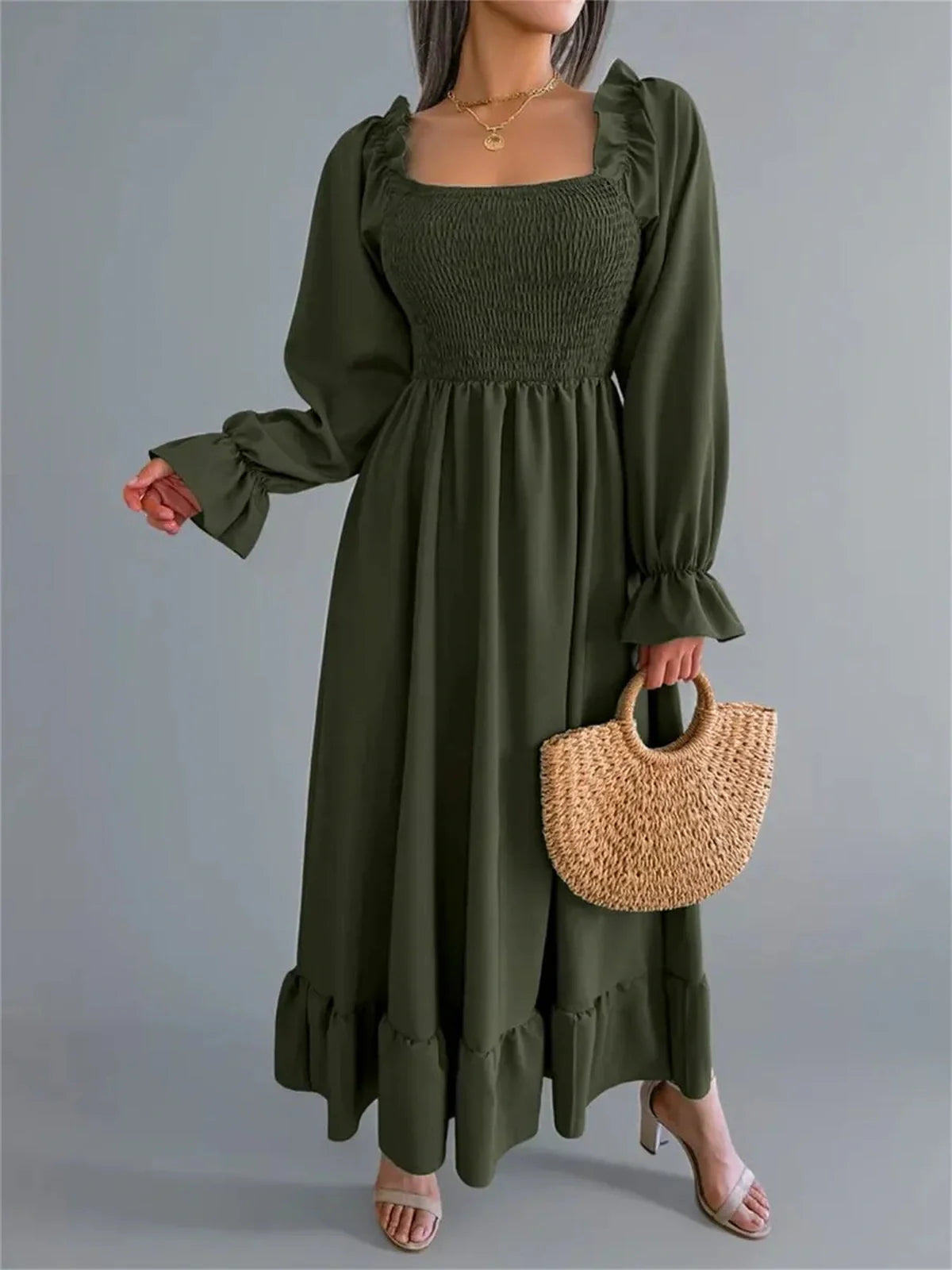 Ruffle Charm Midi Dress in olive green, featuring a smocked bodice and long puff sleeves, perfect for summer events and weddings.