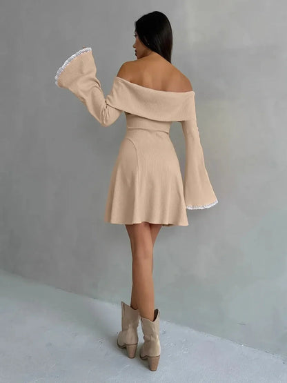 Muse Mini Dress in beige with off-shoulder silhouette and lace-trimmed bell sleeves, perfect for summer events.