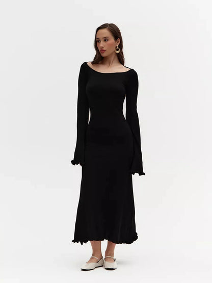 Noir Grace Midi Dress: Elegant black long sleeve dress with an open back and flared sleeves, perfect for formal occasions.