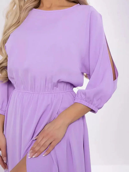 Luxe Lilac Midi Dress featuring elegant shoulder cutouts and a belted waist, perfect for weddings or special occasions.