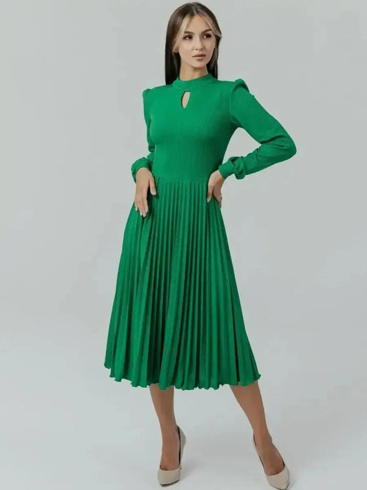 Elegant Verde Grace Midi Dress in emerald green featuring pleats and a modern stand collar neckline, perfect for any occasion.