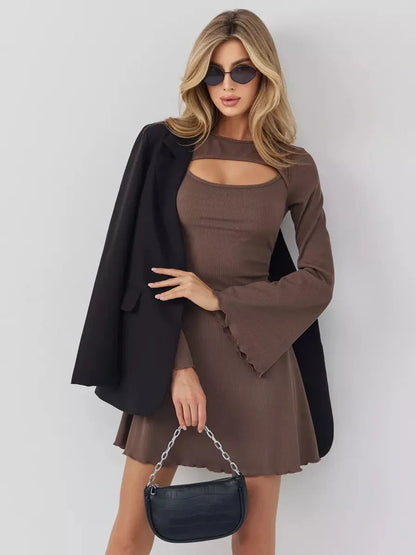 Elegant mini dress in rich coffee hue with chest cut-out and flared cuffs, perfect for weddings or cocktails.