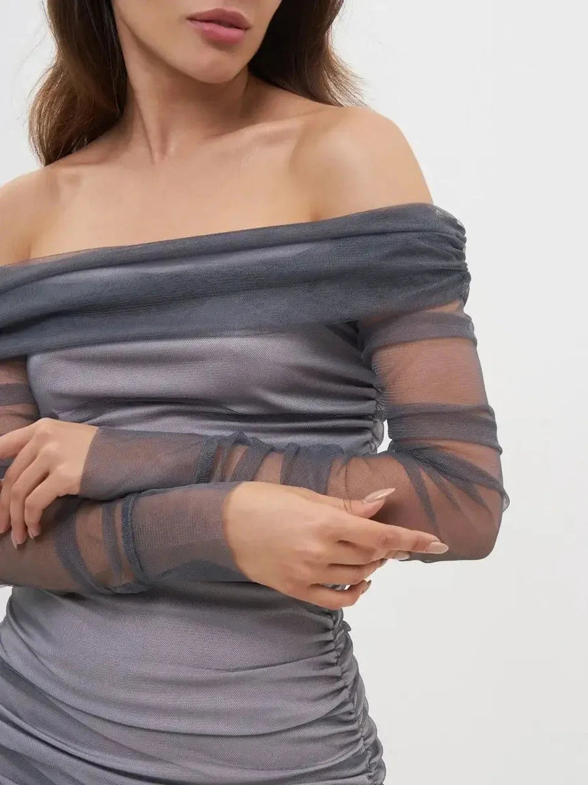 Off-shoulder sculpted sheer midi dress with mesh long sleeves, perfect for weddings and elegant events.