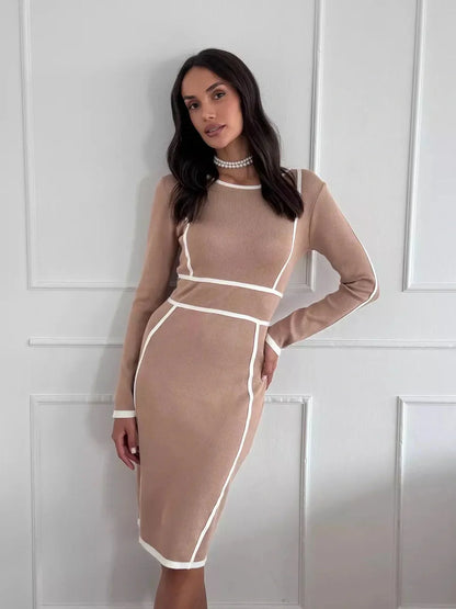 Chic Outline Midi Dress in soft sand with white contrast trim, perfect for wedding guests or formal events.