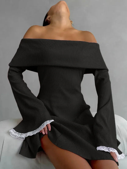 Off-shoulder black velvet mini dress with dramatic bell sleeves and lace trim, perfect for parties and weddings.