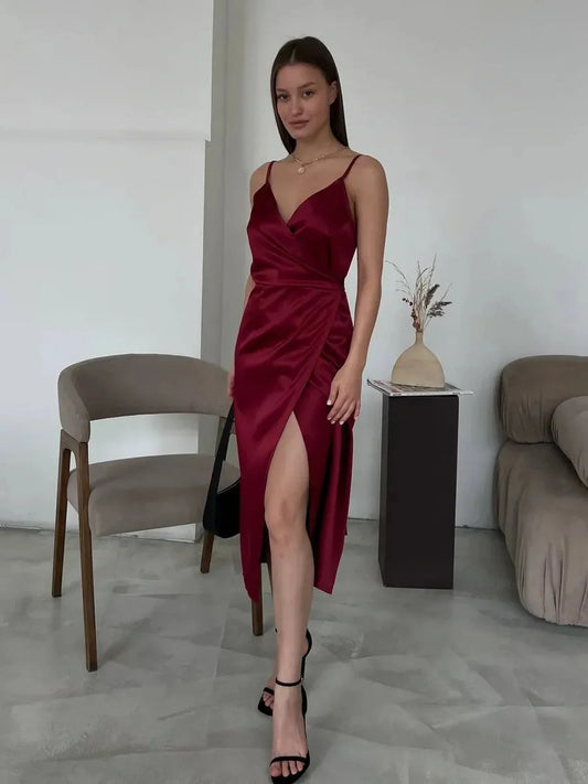 Elegant garnet charm midi dress with wrap silhouette, perfect for weddings and summer celebrations.