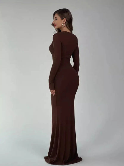 Elegant brown maxi dress showcasing a sculpted silhouette, perfect for formal events and weddings.