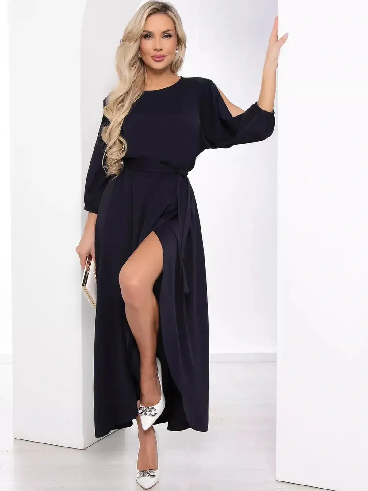 Twilight Grace Midi Dress in deep navy with elegant cutout sleeves and side slit, perfect for weddings and formal events.