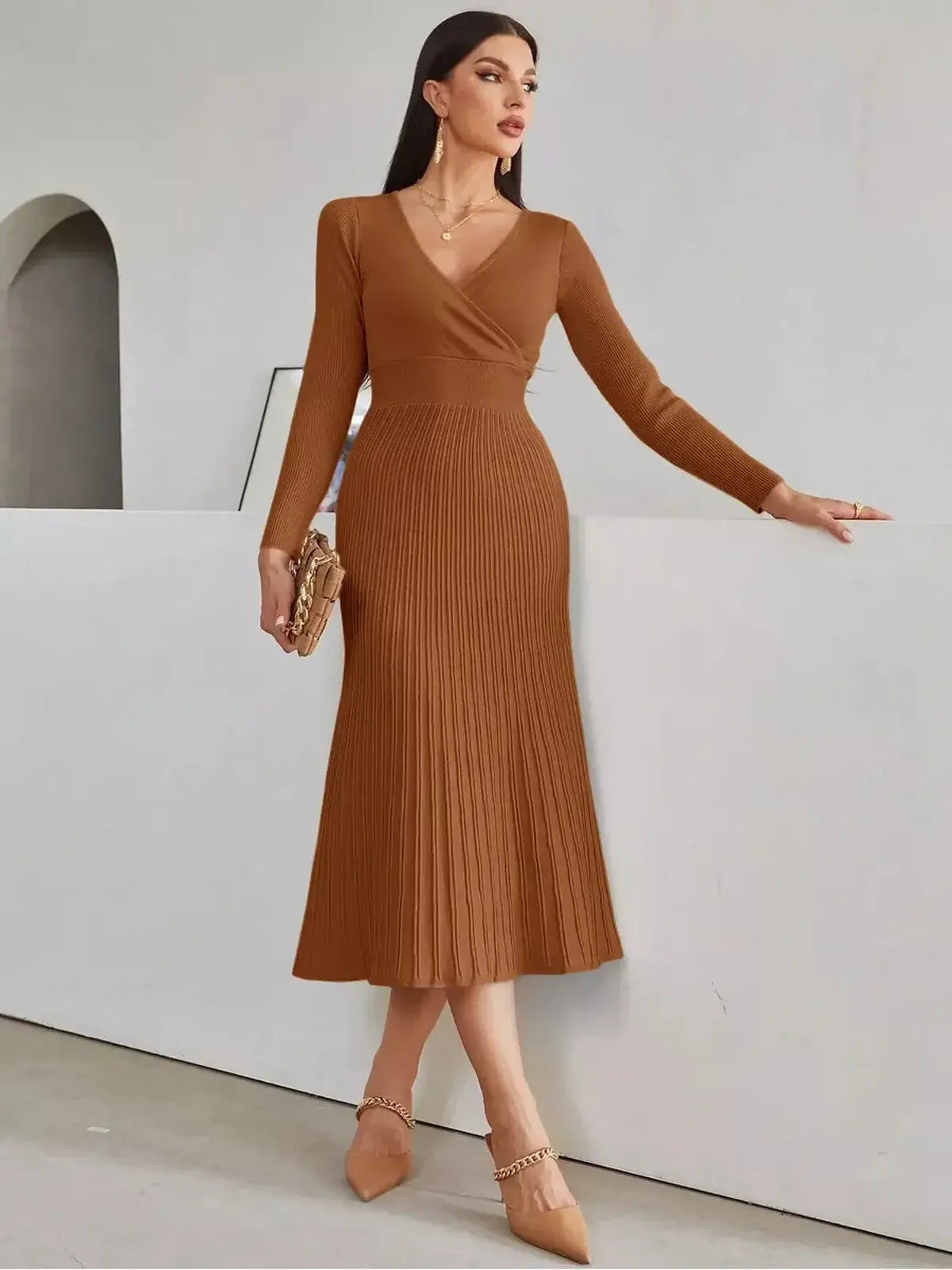 Sculpted Elegance Midi Dress in warm brown with rib texture, perfect for summer parties or wedding guest attire.