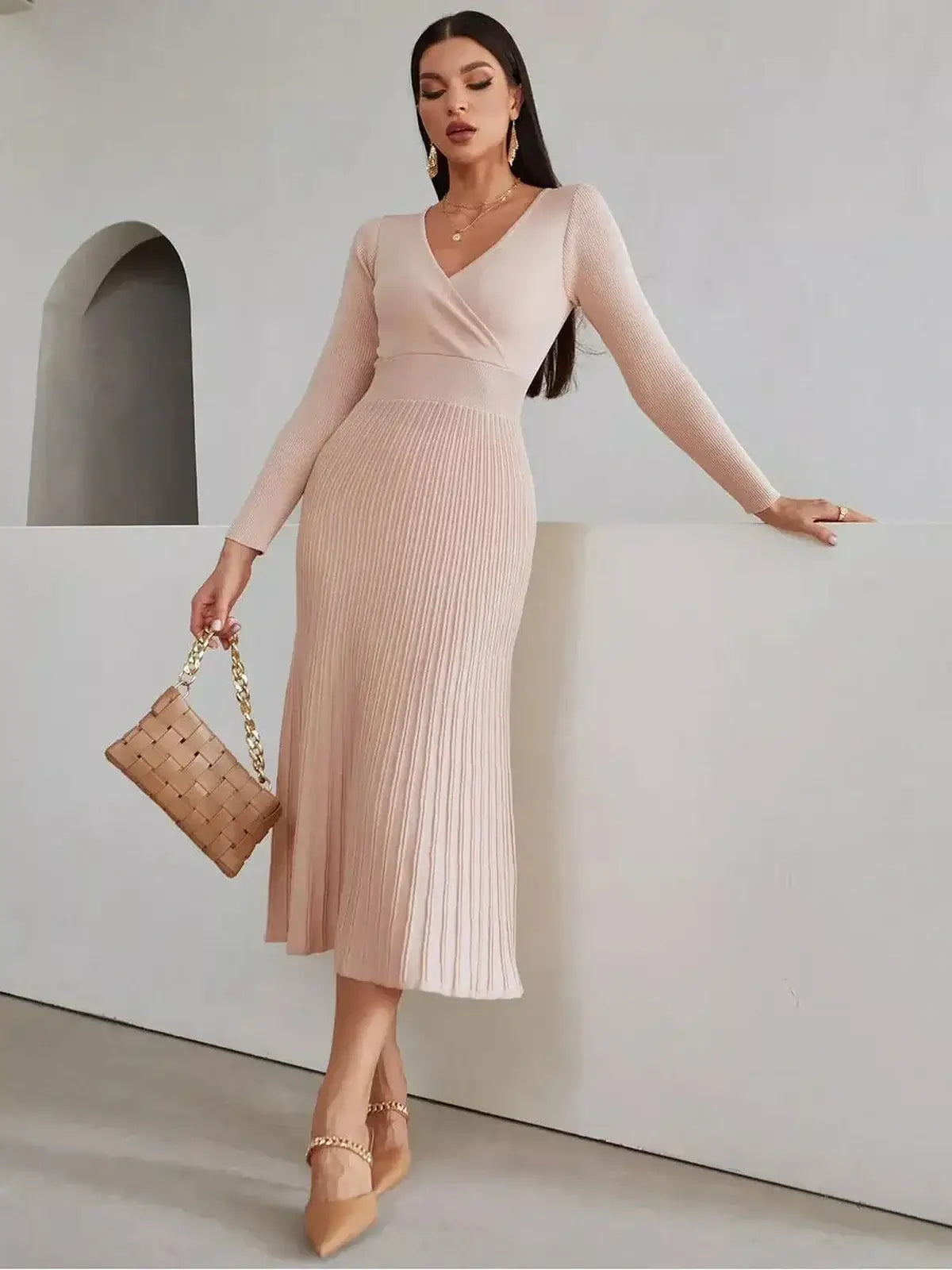 Elegant Blush Grace Midi Dress in ribbed knit, perfect for weddings, graduations, or formal events. Feminine and flattering silhouette.