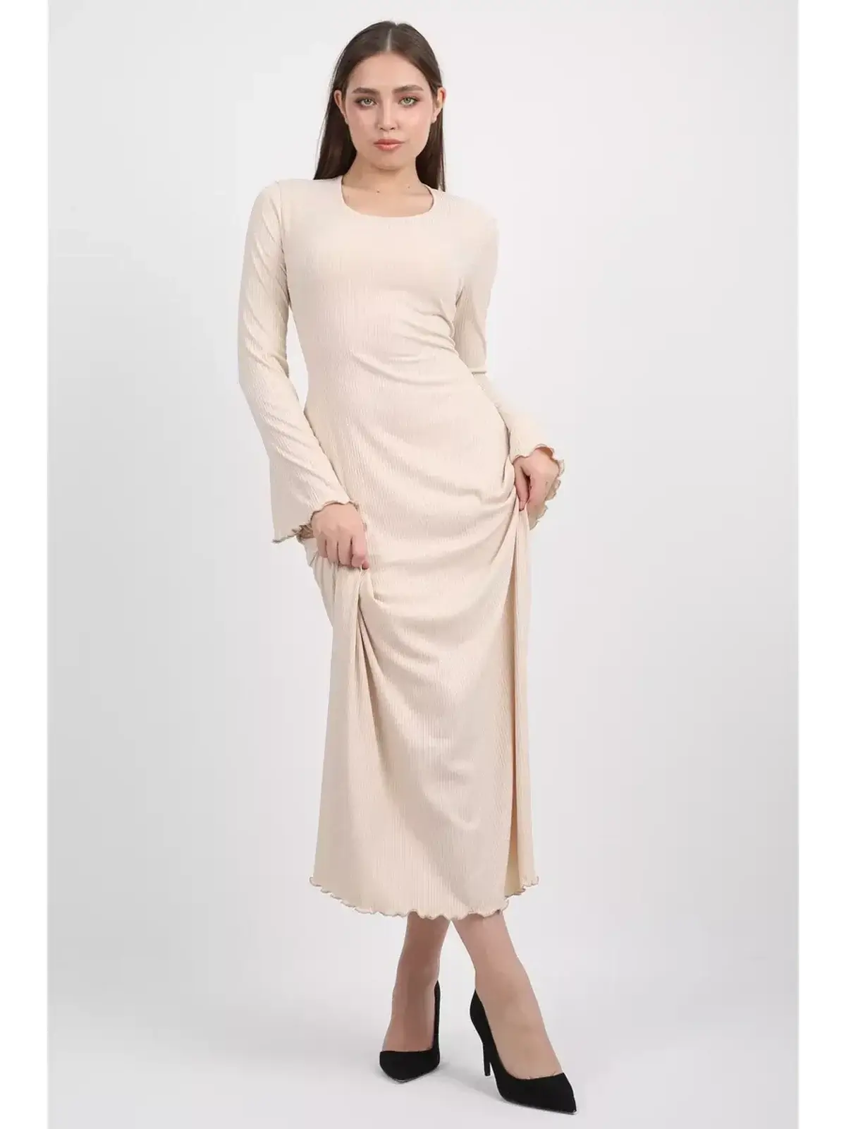 Ivory Flow Midi Dress featuring bell sleeves and a sculpted silhouette for elegance and comfort in women's clothing.