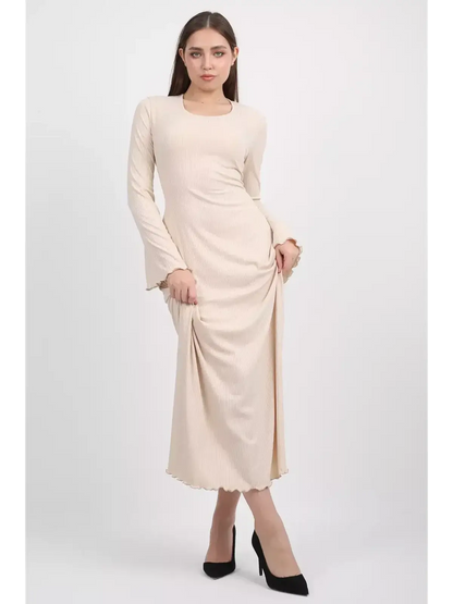 Ivory Flow Midi Dress featuring bell sleeves and a sculpted silhouette for elegance and comfort in women's clothing.