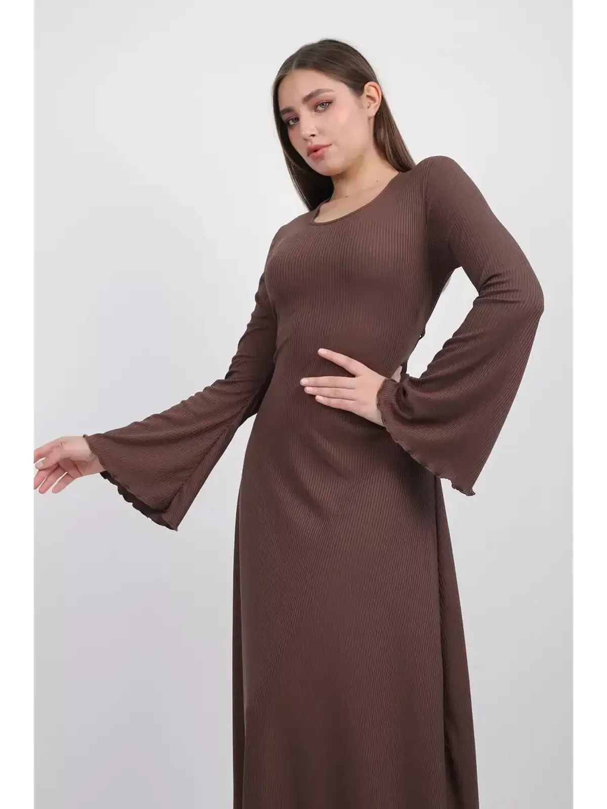 Sculpted Grace Midi Dress in coffee ribbed knit with flared sleeves and elegant U-neckline, perfect for summer occasions.