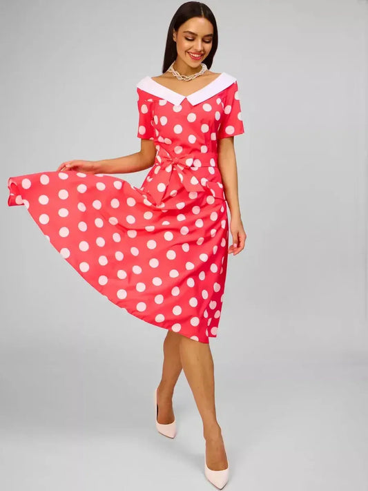 Sailor Chic Midi Dress in vivid pink with white polka dots and sailor collar, perfect for weddings or summer events.