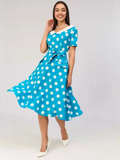 Retro Charm Midi Dress featuring polka dots and a contrast collar, perfect for summer events and weddings.