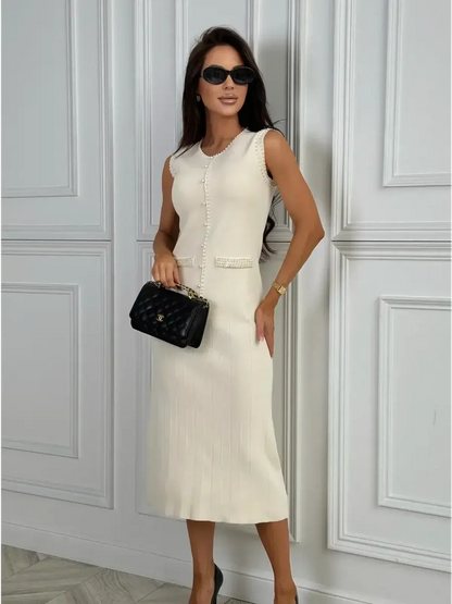 Elegant sleeveless pearl trim midi dress in white, perfect for weddings, cocktails, and formal events.