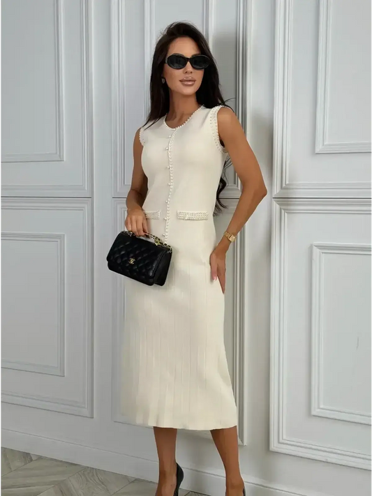 Elegant sleeveless pearl trim midi dress in white, perfect for weddings, cocktails, and formal events.