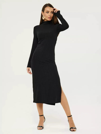 Sleek black Sculpted Rib Midi Dress featuring ribbed texture, side slit, and elegant turtleneck for a sophisticated look.